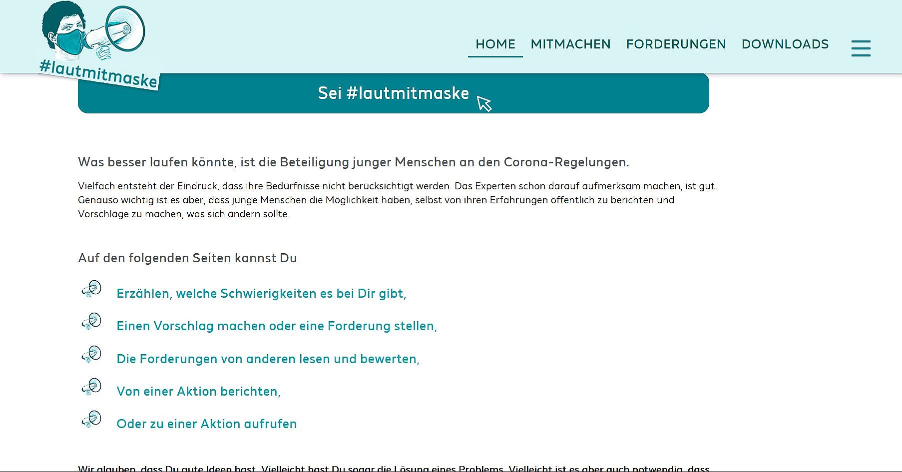 Auf der Seite www.lautmitmaske.de können Kinder und Jugendliche ihre Meinung äußern.